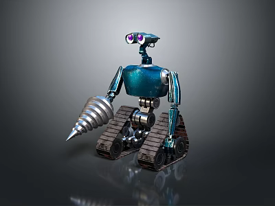 Game And Movie Character Robot With Blue Body Tracked Base Drill Arm And Purple Eyes 3d model