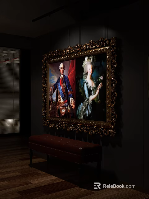 Elegant Golden Ornate Framed Oil Painting With Classical Figures On Dark Wall And Brown Bench 3d model 