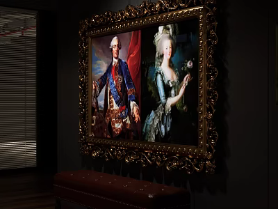 Elegant Golden Ornate Framed Oil Painting With Classical Figures On Dark Wall And Brown Bench 3d model