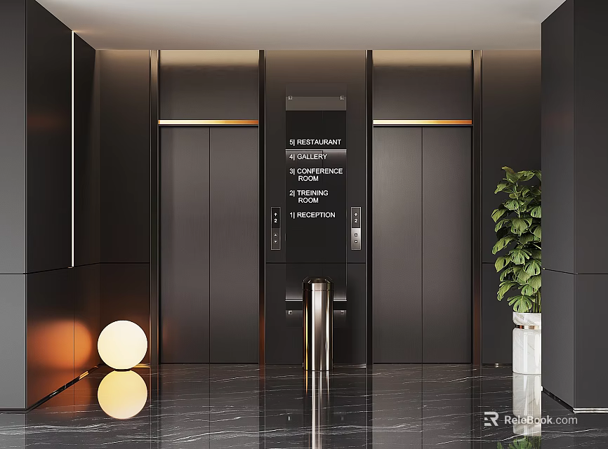 Modern Elevator Lobby With Black Elevators Green Plant Direction Signs And Marble Floor 3d model