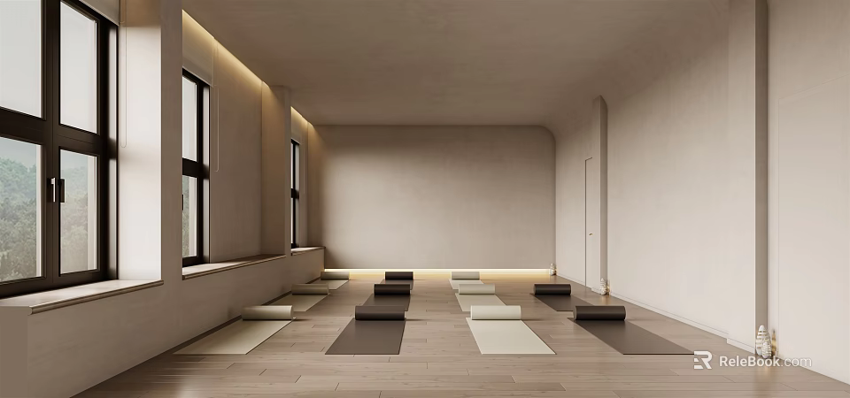 Spacious Yoga Fitness Studio With Wooden Floor And Yoga Mats Arranged In Rows Near Windows 3d model 