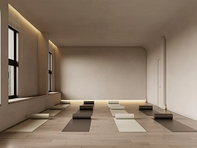 Spacious Yoga Fitness Studio With Wooden Floor And Yoga Mats Arranged In Rows Near Windows 3d model