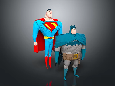 Superman and Batman Action Figures With Blue Costumes Red Cape and Gray Outfit 3d model