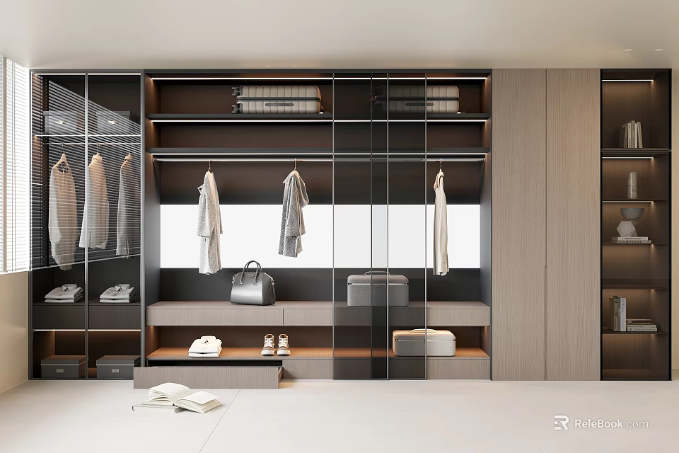 Modern Wardrobe Interior with Glass Doors Hanging Clothes Folded Items Bag and Shoes 3d model 