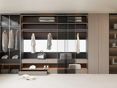 Modern Wardrobe Interior with Glass Doors Hanging Clothes Folded Items Bag and Shoes 3d model