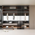 Modern Wardrobe Interior with Glass Doors Hanging Clothes Folded Items Bag and Shoes