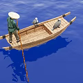 Wooden Boat With Person In Conical Hat Two Seagulls On Blue Water With Reflection