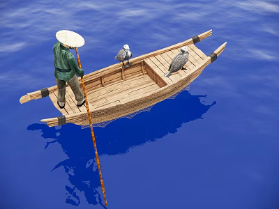 Wooden Boat With Person In Conical Hat Two Seagulls On Blue Water With Reflection 3d model