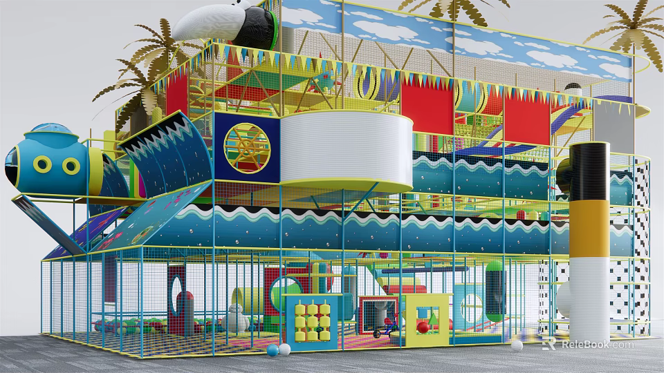 Colorful Multi Level Playground Structure With Slide Wave Design And Enclosure 3d model 