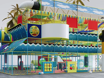 Colorful Multi Level Playground Structure With Slide Wave Design And Enclosure 3d model
