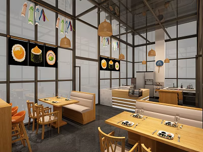 Modern Restaurant Interior With Wooden Tables Booth Seating Hanging Decorations And Menu Boards 3d model