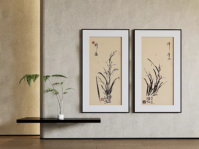 Black Framed Botanical Orchid Paintings For Light Colored Wall Interior Decoration 3d model