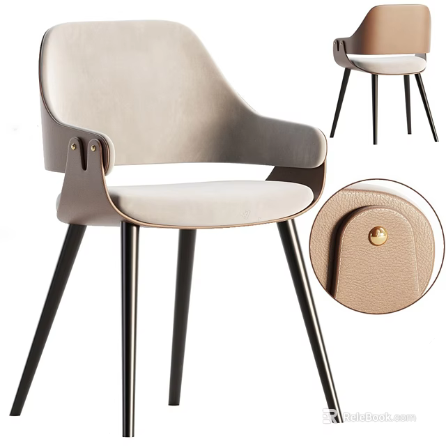 Modern Leisure Chair Beige Upholstered With Curved Backrest Black Slim Legs And Gold Button Detail 3d model 