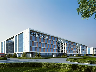 Modern Industrial Factory Building With Glass Curtain Walls Digital Media Signage And Landscaped Gardens 3d model
