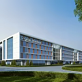 Modern Industrial Factory Building With Glass Curtain Walls Digital Media Signage And Landscaped Gardens