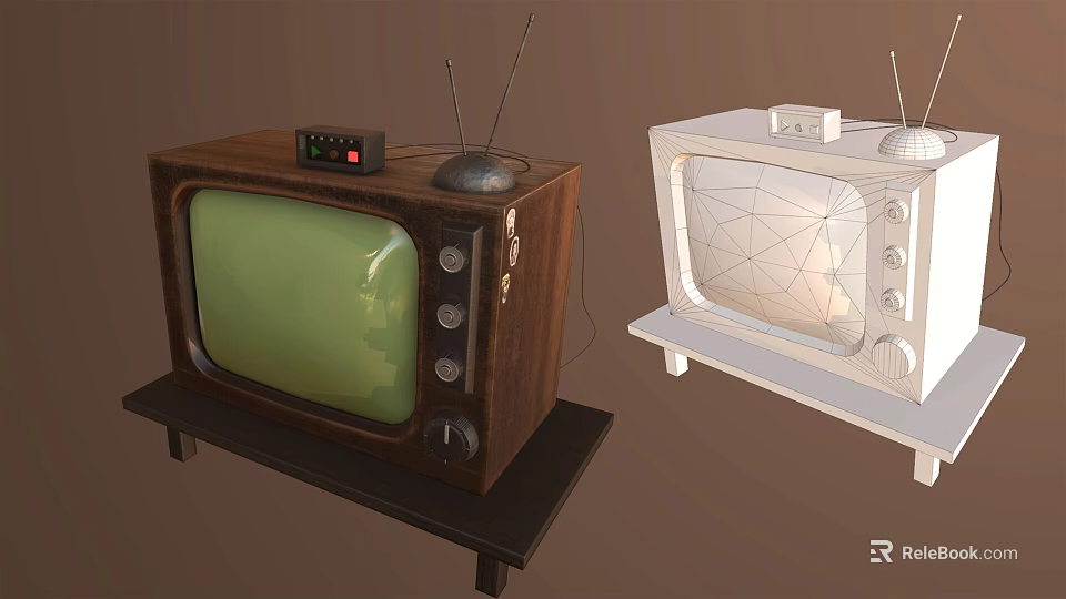 Vintage TV with Wooden Case Green Screen Antennas Knobs Alongside White Wireframe Model 3d model 