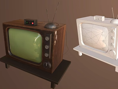 Vintage TV with Wooden Case Green Screen Antennas Knobs Alongside White Wireframe Model 3d model