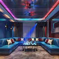 Modern KTV Room Interior With Blue Sofas And Colorful Lighting Decor 3d model