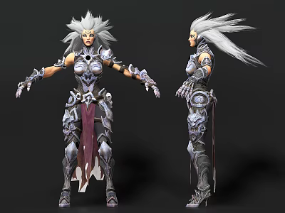Warrior Game Movie Character With Silver White Long Hair Metallic Armor And Intricate Design 3d model