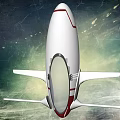 White Rocket Weapon With Red Stripes Wings And Bottom Opening In Cosmic Space Scene