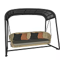 Outdoor Woven Swing Chair With Black Metal Frame Arched Canopy And Gray Brown Cushions