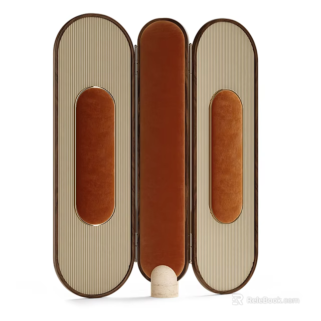 Modern Room Divider With Beige Striped Frame And Brown Upholstered Panels 3d model
