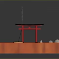 Japanese Zen Garden With Orange Wooden Frame Sand Raked Patterns Stones And Red Torii Gate