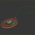 Green Oval Pendant with Central Gemstone and Intricate Pattern on Black Cord