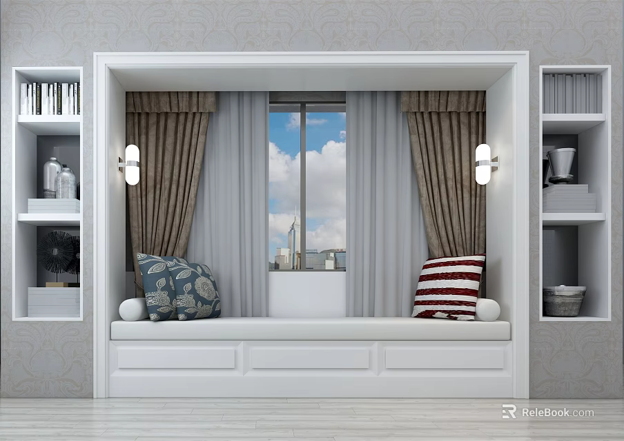 Cozy Bay Window With Decorative Pillows Sheer Curtains City View And Modern Bookshelves 3d model 