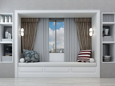 Cozy Bay Window With Decorative Pillows Sheer Curtains City View And Modern Bookshelves 3d model