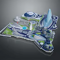 Modern Amusement Rides in Theme Park Layout with Tower Structures Circular Buildings and Green Areas