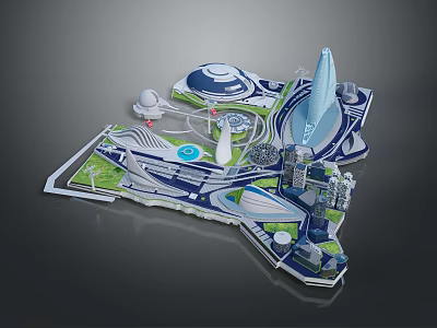 Modern Amusement Rides in Theme Park Layout with Tower Structures Circular Buildings and Green Areas 3d model