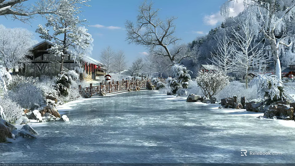 Scenic Winter Landscape With Frozen Lake Snow Covered Trees Small Bridge And Traditional Building 3d model 