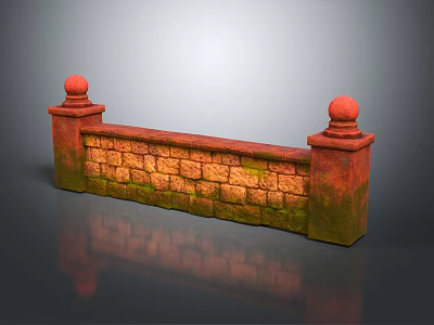 Vintage Stone Wall With Red Spherical Finials Red Bricks And Green Moss On Reflective Surface 3d model