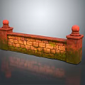 Vintage Stone Wall With Red Spherical Finials Red Bricks And Green Moss On Reflective Surface