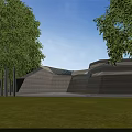 Modern Curved Museum Building Featuring Wooden Exterior Evening Lighting And Water Features Surrounded By Trees