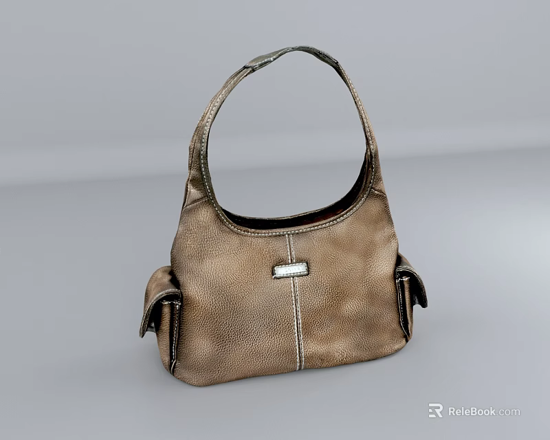 Brown Leather Handbag With Curved Handle Front Metal Clasp And Side Pockets 3d model 