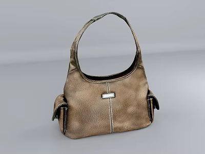Brown Leather Handbag With Curved Handle Front Metal Clasp And Side Pockets 3d model