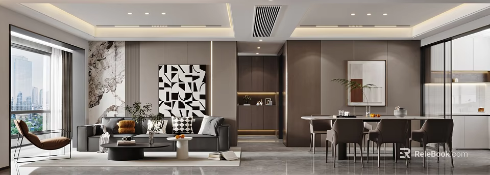 Modern Minimalist Luxury Open Plan Living And Dining Room Interior Design With Exquisite Furnishings 3d model 