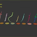 Various Types Of Weapons Displayed On Orange Stands With Different Shapes And Reflective Bases