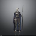 White Haired Man in Metallic Armor With Blue Cape Holding Long Staff