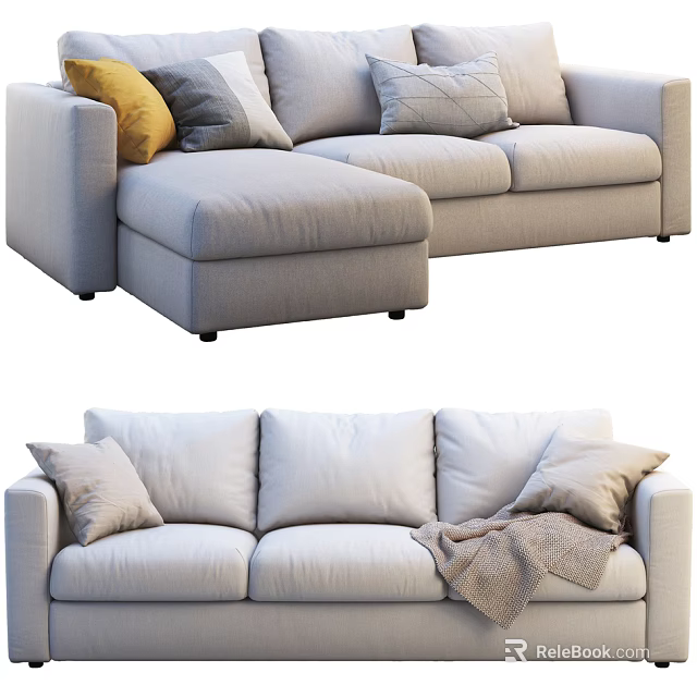 Light Gray Fabric Sofa Set With Decorative Pillows And Throw Blanket 3d model