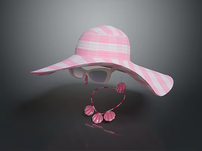 Pink And White Plaid Wide Brimmed Hat With White Sunglasses And Shell Hairband 3d model