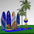 Vibrant Photo Check-in Spot with Colorful Surfboards Palm Trees and Wooden Barrels