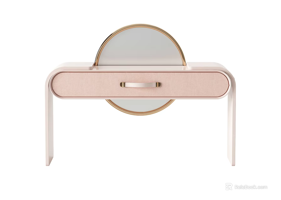 Elegant Pink Dressing Table With Round Gold Frame Mirror And Drawer 3d model 