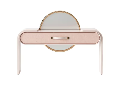 Elegant Pink Dressing Table With Round Gold Frame Mirror And Drawer 3d model