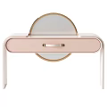 Elegant Pink Dressing Table With Round Gold Frame Mirror And Drawer 3d model