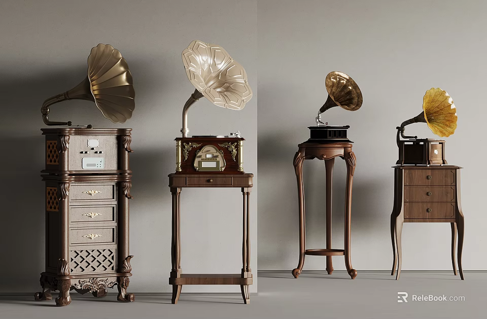 Vintage Gramophones Display With Ornate Wooden Stands And Metallic Horns 3d model 