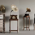 Vintage Gramophones Display With Ornate Wooden Stands And Metallic Horns