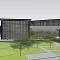 Modern Architectural Landscape Featuring Water Pool Arched Structures Trees And Bridge